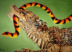 Crocodile head with snake in its jaws