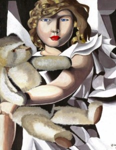 Image of a girl holding a large teddy bear in the style of Tamara de Lempicka.