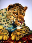 Colourful drawing of a leopard's head and paws