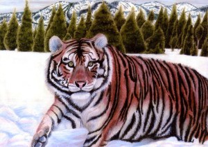 A Siberian tiger set against a wintry wild landscape