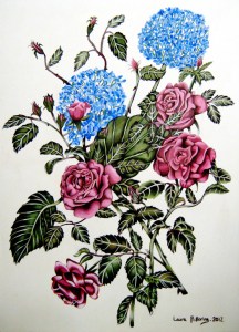 Bouquet of red roses and blue hydrangea