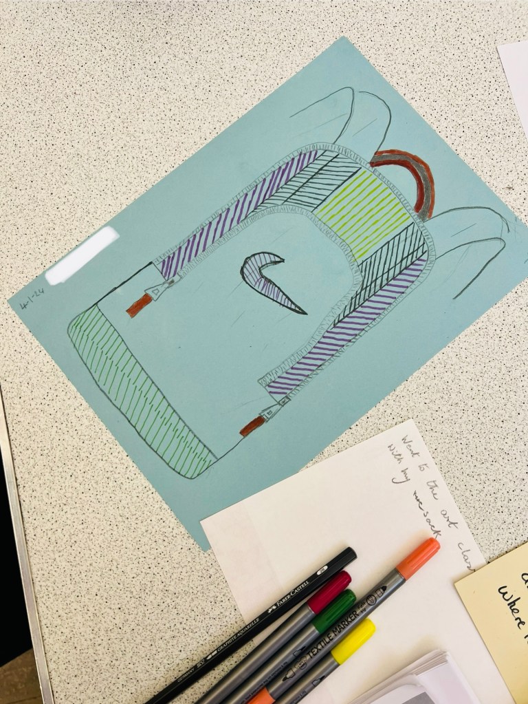 artwork of a ADIDAS backpack. which has been coloured black and green in various places. 