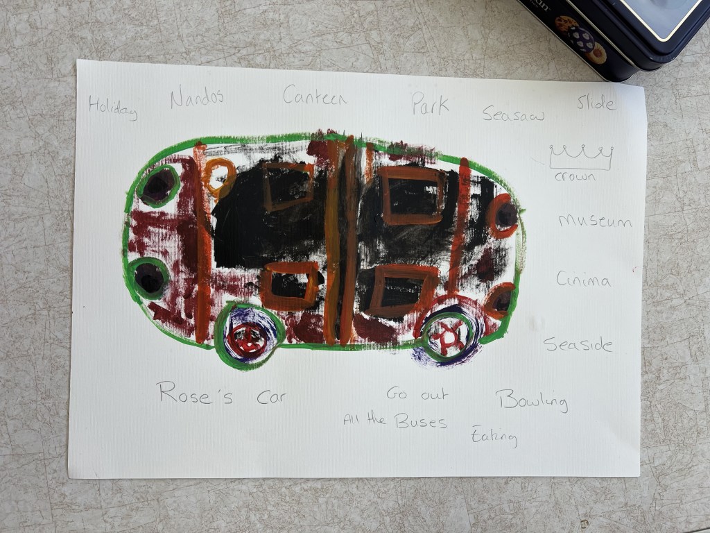 painting of a bus. It is outlined in green and has black windows and red colouring throughout.Around it is several bits of writing such as Rose's car, Nando's, Canteen, park seesaw and go out.