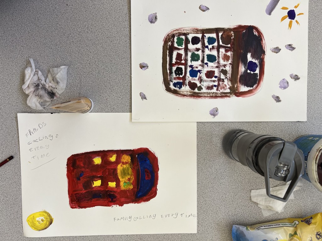 two  pieces of artwork in one photo. in the first on the upper right is a rectangular purple red shape which has lines going across from top to bottom and left to right with multicoloured dots inside them.
The one below is a similar shape but completely red with mulicooloured dots and a yellow and blue rectangle in the front.