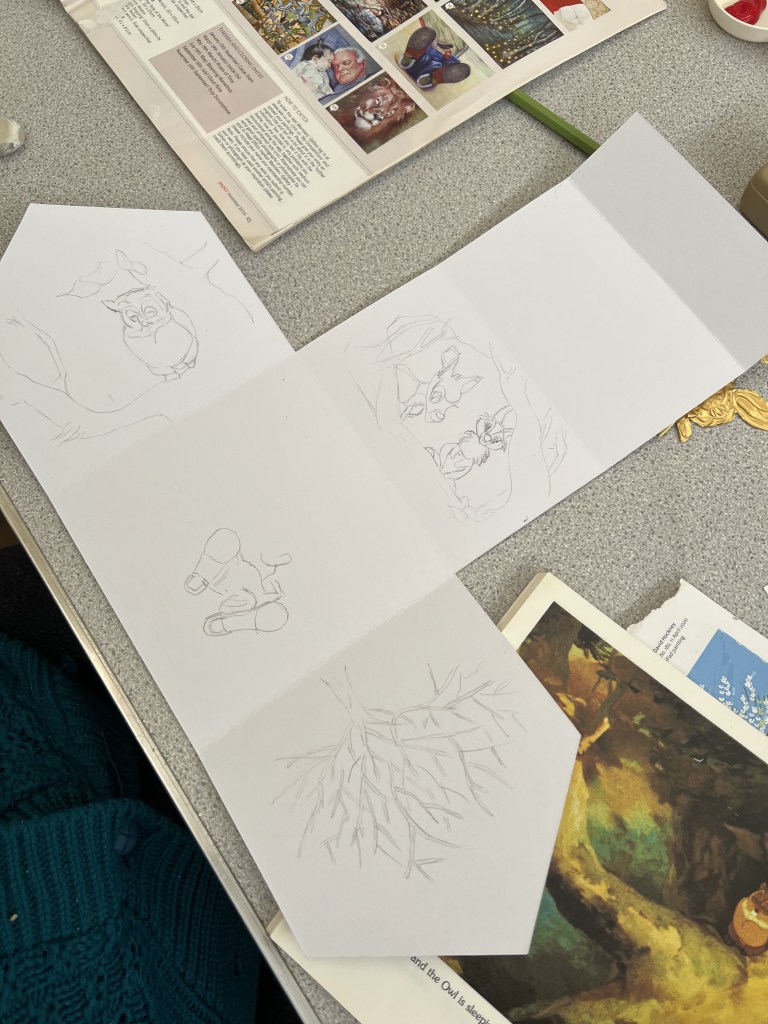 3D net of the model house- it has not been glued together. There are various rooms which have been drawn with a pencil which are mostly nature based such as a deer and rabbit and an owl.