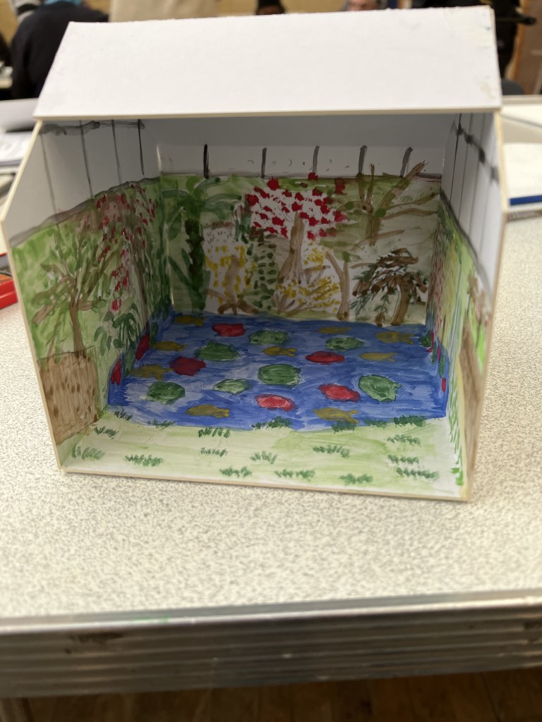 The outside of the house has been left blank. The interior is a greenhouse/ There are various plants on the walls and mushrooms on the floor is a pond with lilly pads.