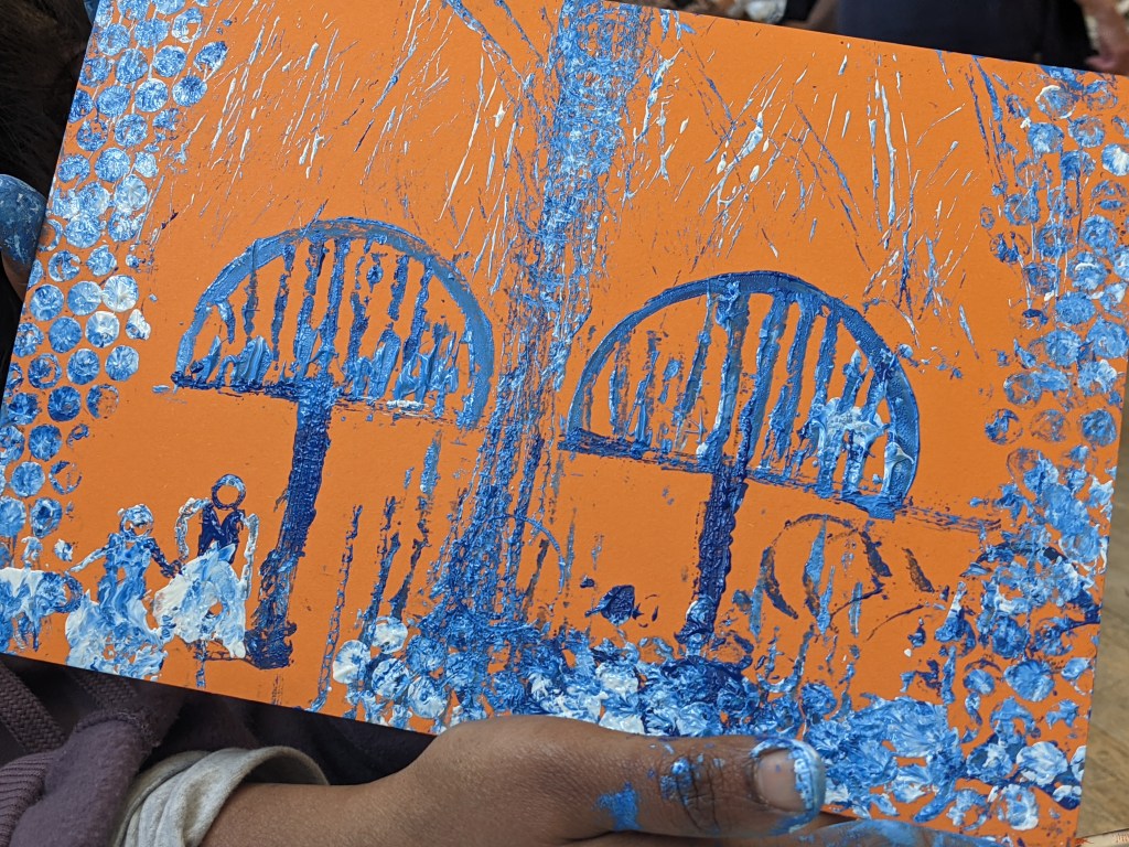 two blue umbrellas in the rain. On orange paper and patterns made using bubblewrap and other objects.