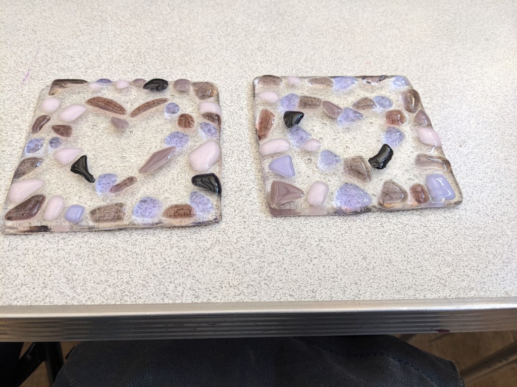 Two coasters with hearts and a border both use purple tones.