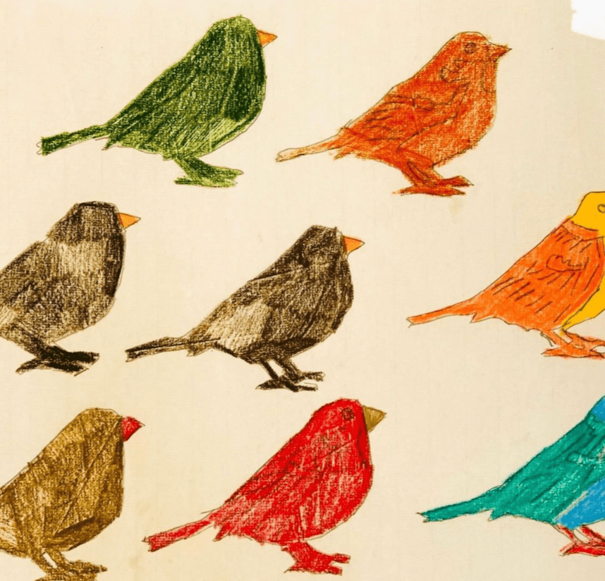 Multiple birds in a pattern of 2, 3,3 on the page they are multiple colours.