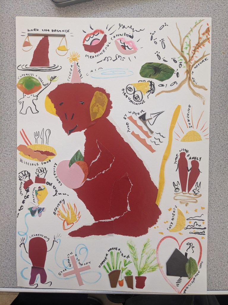 Photo of activity Frankie tried. It's a red monkey in the middle of the page with various activities and things Frankie would like this year around the page. For example delicious food and meaningful connection. 