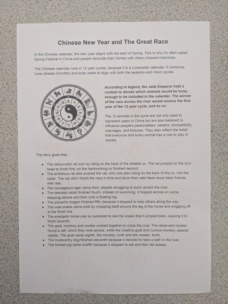 Worksheet 1: A worksheet with the legend of the Jade Emporer's contest to workout which animal would be included in the calender. 