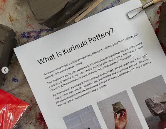 Image of one of the handouts used during session. Heading says What is Kurinuki Pottery? With an opening line and two paragraphs describing the pottery.