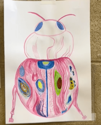 Pink beetle which has blue eyes and is plain in the top halve. At the bottom it is pinkish red with various multicoloured spots.