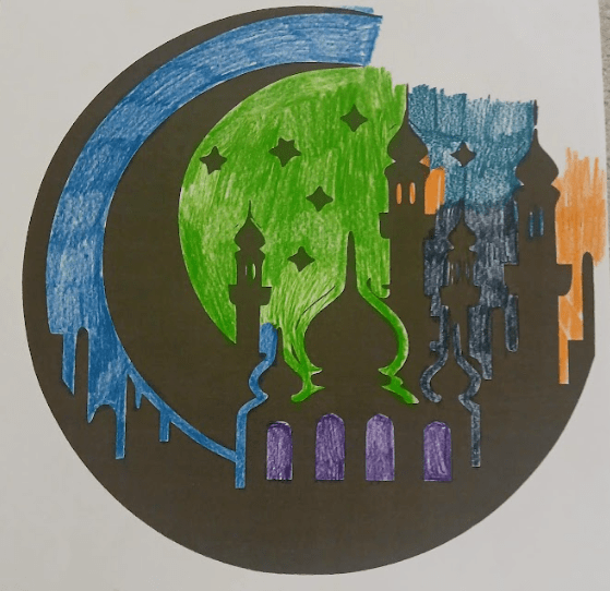 Colouring page of a Crescent Moon and a Mosque. Its mostly coloured blue and green. but the windows of the mosque are coloured purple and yellow.