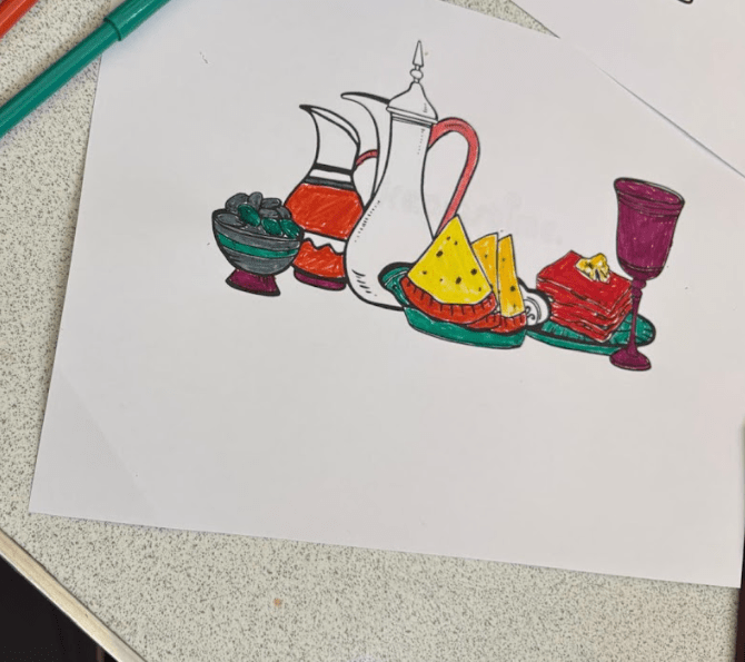 Finished colouring page of various foods at ramadan. 
