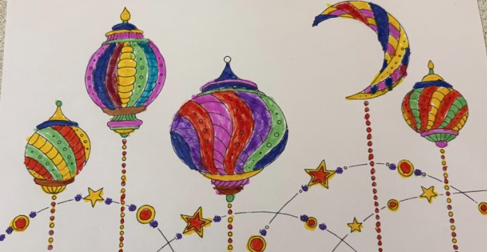 Finished colouring page of five laterns in varying colours and patterns 