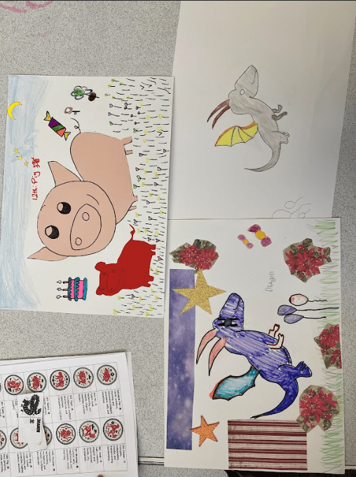 Picture of a pig, a purple dragon and a brownish grey Dragon