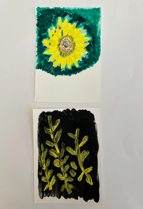 two pictures in one photo. artwork one is a yellow daffodil with a more detailed brown middle on a painted green background. Picture two is some yellow flowers that go length wise across the page on a black background. 